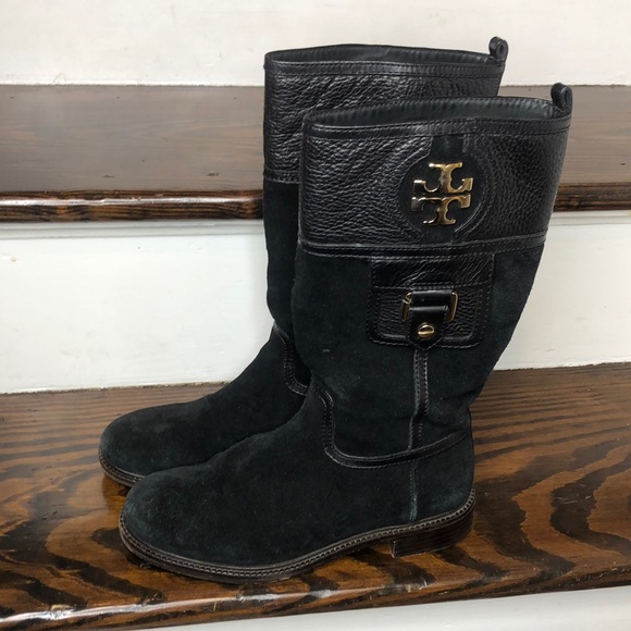 Tory Burch Black Suede Leather Cuff Mid Calf Boots Size 7 - Picture 8 of 16